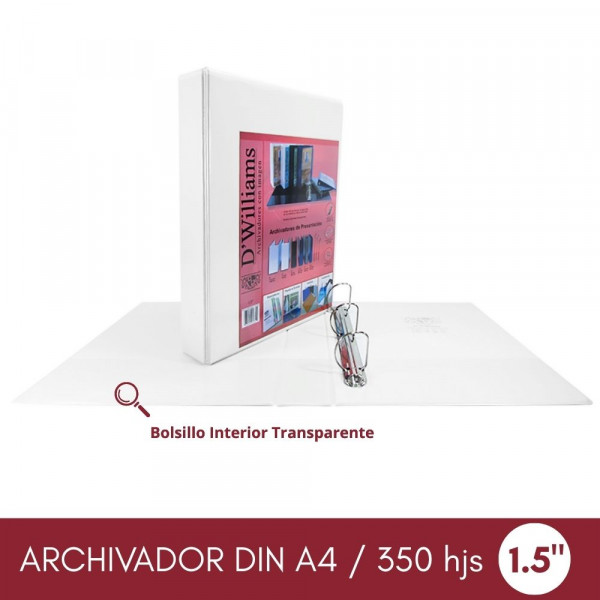 ARCHIVADOR CATALOGO A4 3 AROS 1.5 BLANCO 350 HOJAS