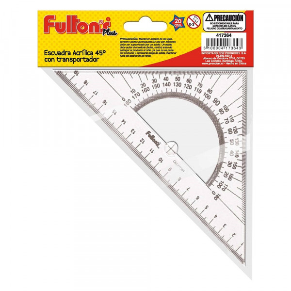ESCUADRA ACRILICA 20 CM CON TRANSPORTADOR  45º